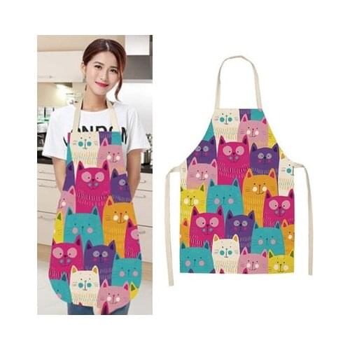 Kitchen Apron Cute Cartoon Cat Printed Sleeveless Cotton Linen Aprons for Men Women Home Cleaning Tools 66x55cm 47x38cm
