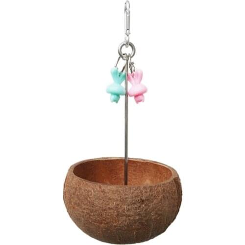 Pet Bowl Natural Coconut Shell Bird Nest Cage Feeder Hanging Standing Toys for Pet Parrot Birds Feeding Bowl Bite Resistant
