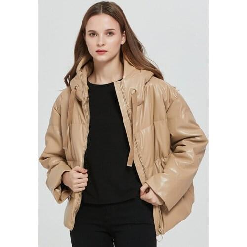 Trendy Winter Women Thick Warm PU Zipper Hooded Jacket Loose Oversized Parkas Windbreaker Outwear Faux Leather Padded Coat