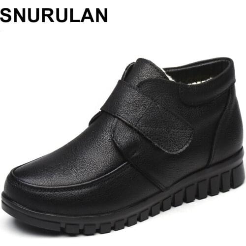 SNURULAN Fashion Genuine Leather Round Toe Women Snow Boots Winter Flat Ankle Boots Women Cotton Shoes Plush Warm Botte Femme