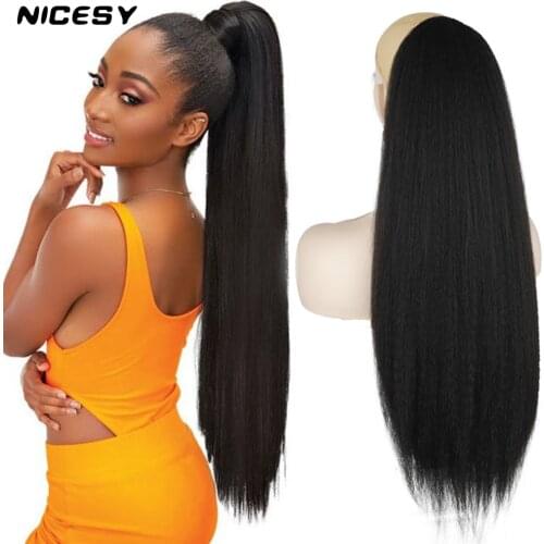 NICESY Kinky Straight Long Hair Extension Clip Black 24in Synthetic Hairpieces With Elastic Band Comb Yaki Drawstring Ponytail