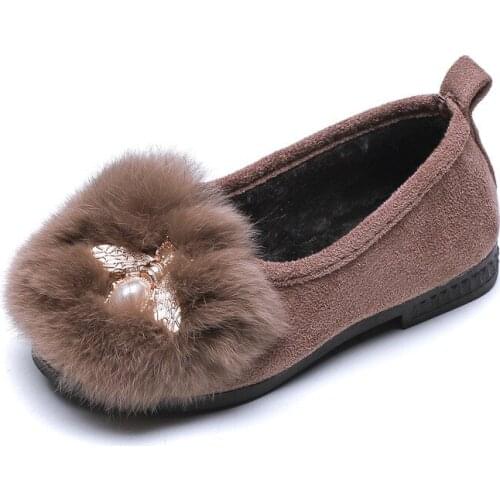 On Shoes Faux Fur Plush Loafers Rhinestone Girls Shoes Kids Flats Big Girl Shoes Warm Boat Shoes