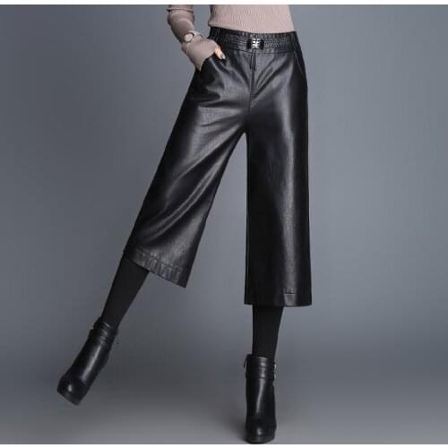 2020 Autumn Fashion Brand Ankle-Length Sheepskin PU Leather Womens Pockets High Quality Slim Fit Wide Leg Pants Plus Size