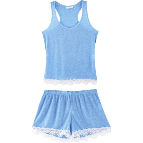 Solid Lace Patchwork Tank Tops Shorts 2Pcs Pajamas Sets for Women Sleepwear Sleeveless Casual Soft Pajama Woman Suit Clothes