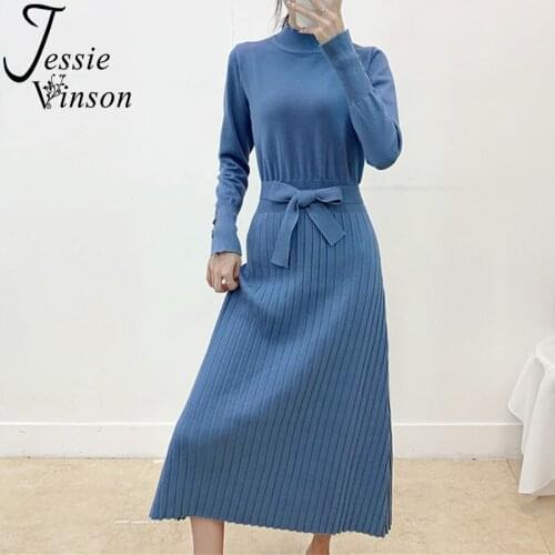 Jessie Vinson Turtleneck Long Sweater Dress Women Elegant Long Sleeve Warm Knitted Dresses Autumn Winter Belted Female Dress