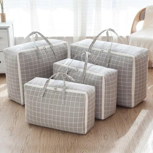 Plaid Damp-proof Clothes Bedding Pillow Quilt Storage Bag Family Save Space Organizer Dust-proof Cotton Linen Organize Bag