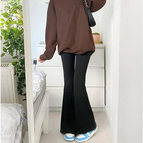 Retro casual solid color high waist slim fit big flared trousers female urban style boot pants high waist black fashion tights