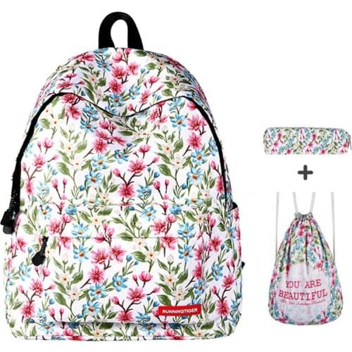 Floral Printed Girls School Backpack Set 3 in 1 Bookbag+Drawstring Bag+Pencil Case Teen Girls Backpacks Laptop Shoulder Daypack