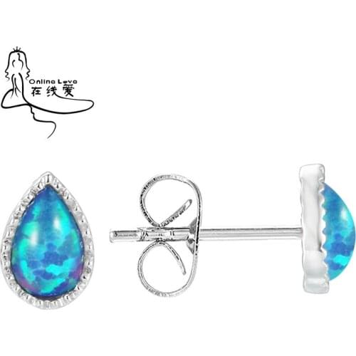 Fire Opal Earrings For Women Ladies Blue Round Silver Plated Filled Earrings Stud ER251