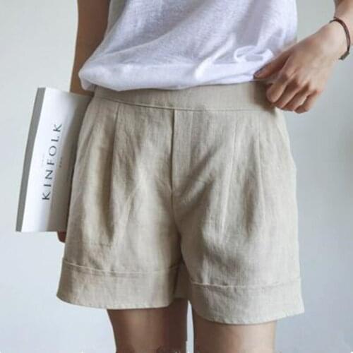Women Elastic Waist Casual Shorts High Waist Linen Cotton Wide Leg Shorts Femme Solid Vintage Loose Shorts Women J977