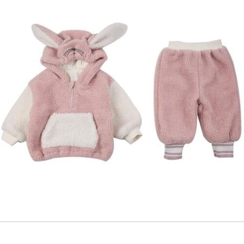 DFXD 2020 Winter Kids Clothes Toddler Girl Clothing Set Casual Rabbit Ear Hooded Plus Velvet Coat+Pant Two Piece Cartoon Suit