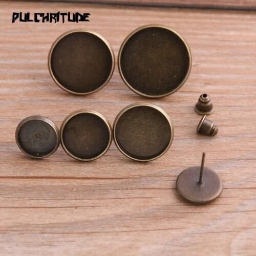 30pcs 10/12/14/16/18mm Vintage Adjustable Stud Earrings Bases+Ear cap Blanks Antique Bronze Cabochon Stud Earrings