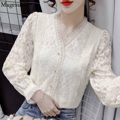 V-neck Elegant Hollow Out Shirts for Women 2021 Autumn Sweet Flowers Lace Blouse Apricot Loose Womens Long Sleeve Top New 16651
