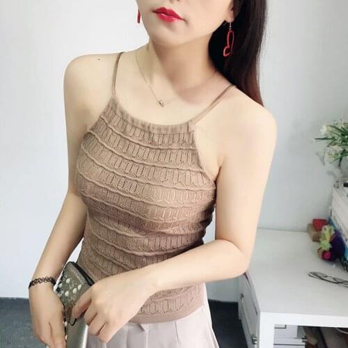 2021 New Backless Sexy Halter Top Knitted Top Cropped Summer Korean Fashion Clothing Hollow out Solid color Black White Pink