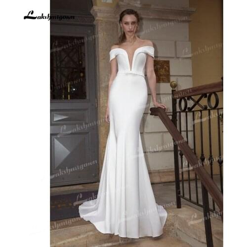 Simple Soft Satin Mermaid Wedding Dresses Sexy Deep V-Neck Open Back Bow Sashes Sweep/Brush Train Bride Gowns Off The Shoulder