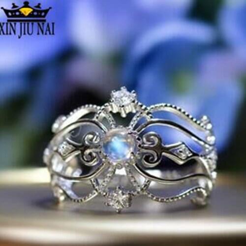 Elegant and unique luxury Rings Women Moonstone Sweet Openwork Crown Snow Queen Opal Ring stainless steel rings for women