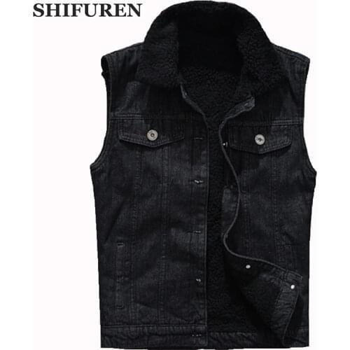 SHIFUREN Cotton Jeans Vest Men Sleeveless Black Denim Jacket Winter Warm Male Fleece Cowboy Waistcoat Hip Hop Streetwear