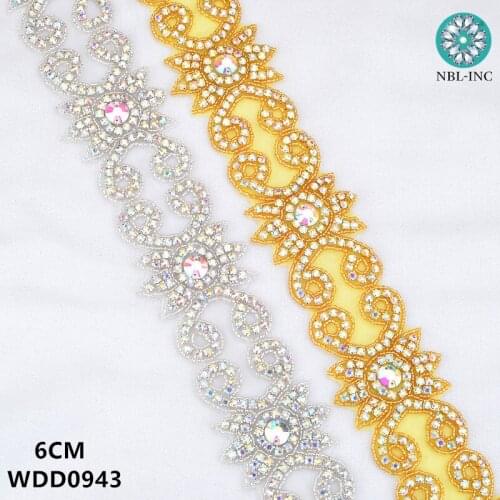10 yards )Bridal beaded gold AB crystal Rhinestone Applique Trim iron on for wedding dress rhinestone applique belt WDD0943