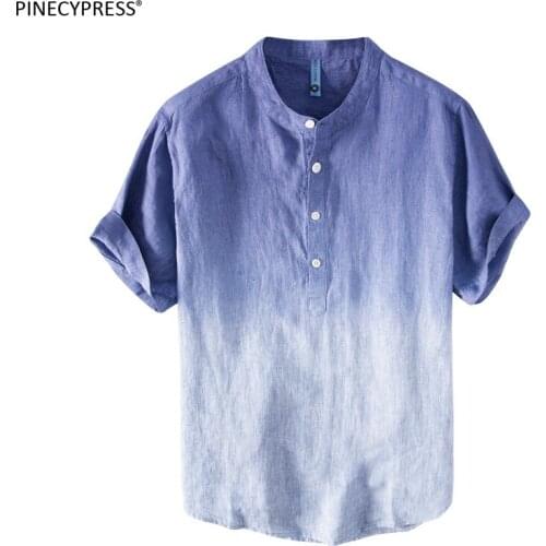 100% Linen Anti-static Breathable Anti-uv Summer Fashion Gradient Striped Hemp Short Sleeve Male Quality Men Casual T Shirt