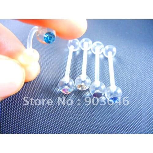 100pcs Free Shipment UV body piercing Body Jewelry-Clear Flexible Tongue Ring Bar Crystal Gems 14G