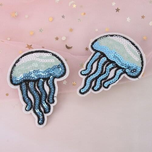 2pcs Sequin Jellyfish Embroidered Iron On Sew Patch Badge Motif Bag Dress Applique