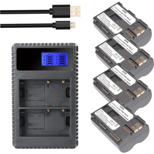 4Pcs BP-511A BP 511A BP511A BP-511 Batteries+LCD Dual USB Charger for Canon EOS 300D 10D 20D 30D 40D 50D D30 D60 5D G6 OS 30D