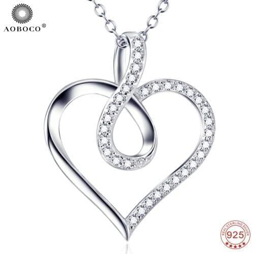 AOBOCO 925 Sterling Silver Necklace Love Heart Crystal Pendant Romantic Jewelry Love Gift Women Necklace For Trendy Jewelry Gift