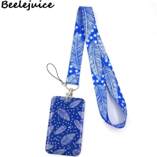 White Snow Blue Leaves Feathers Credit Card ID Holder Bag Student Women Travel Bus Business Card Cover Badge Accessories Gifts