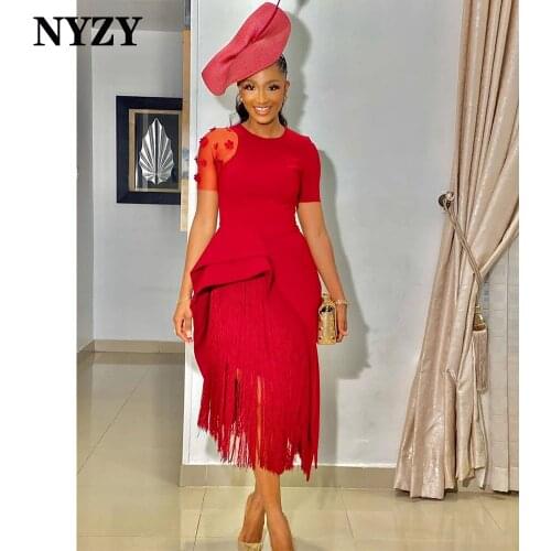 NYZY E342 Elegant Africa Short Sleeves Tassel Red Evening Dresses Short 2021 Party Prom Dress Formal Evening Gowns