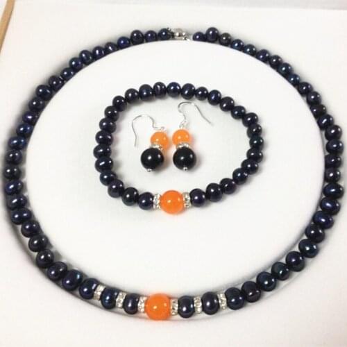 Hot wholesale new 2014 Fashion Style diy Black Akoya Cultured Pearl/Orange jades bracelets necklace earrings set MY5011