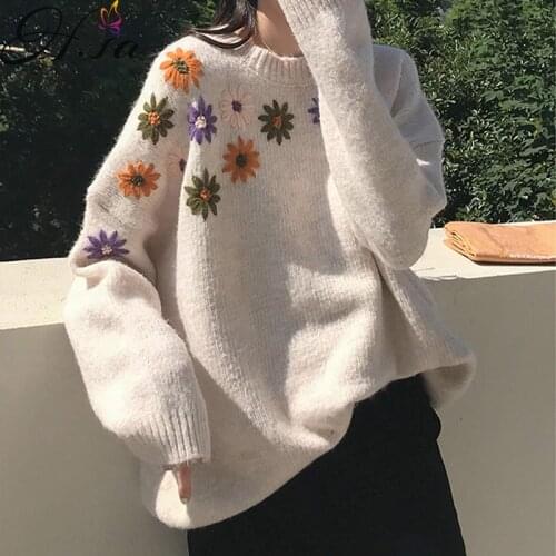Hsa Korean Tops 2021 Women Winter Flower Embroidery Retro Pullover Sweater Ladied Winter Outer Wear Oversized Floral Sweater
