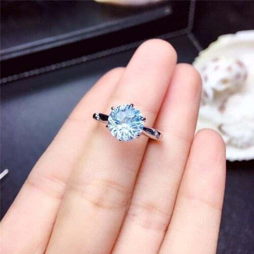 Classic 6 Prong Round Stone Wedding Ring 2ct Aqua Blue Zircon Opening Ring Vintage Silver Color Engagement Rings For Women Party