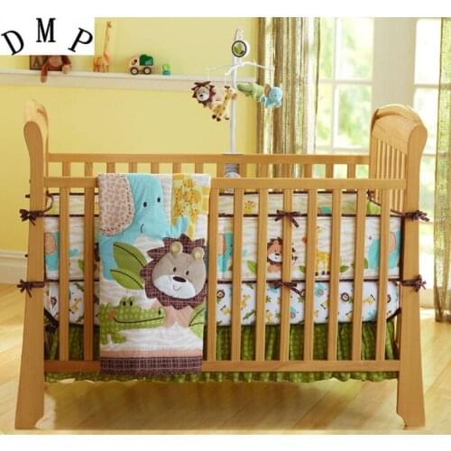 7PCS embroidered cartoon baby bumper infant breathable cama bebe baby bedding set,include(bumper+duvet+bed cover+bed skirt)