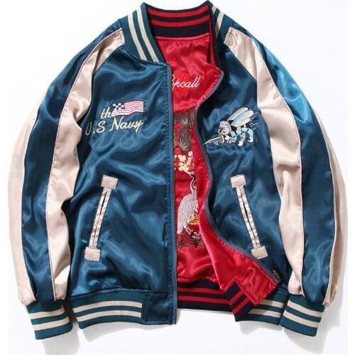 Embroidery Bomber Jacket Men Patchwork Autumn Spring Outwear Smooth Wear On Both Sides Streetwear Hip Hop Unisex Baseball Jacket