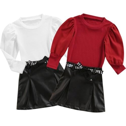 1-5Years Fashionable Kids Skirt Set Puff Long Sleeve Round Neck Solid Color Tops Bowknot Waist Leather Skirt