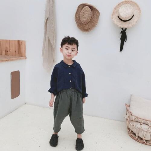 Autumn childrens shirt cotton linen sleeve shirt for boys and girls loose double pocket shirt