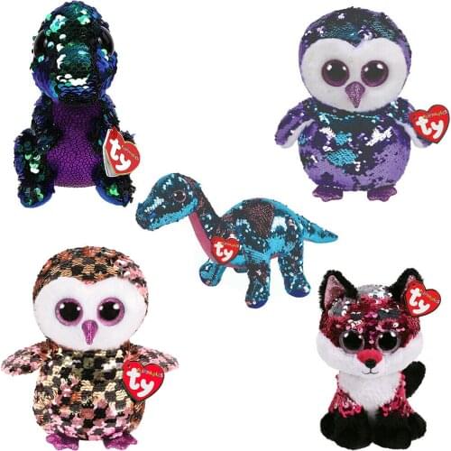 New 6" 15cm Ty FLIPPABLES Big Eyes Stuffed Beanie Plush Animal Glittering Owl Dinosaur Fox Collection Doll Girl Birthday Gift