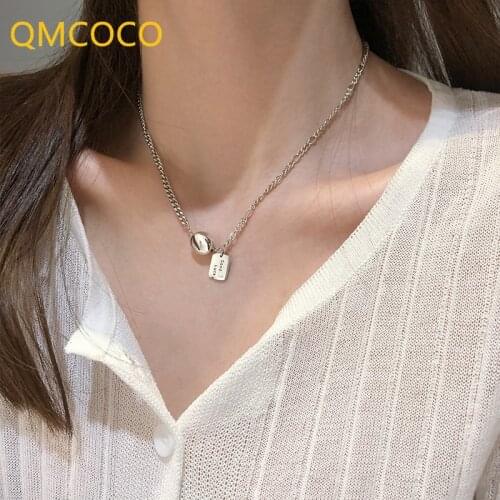 QMCOCO Design 925 Silver Silver Square-Letter Pendant Necklace For Women Love-Heart Pendant Clavicle Chains Party Jewelry Gift