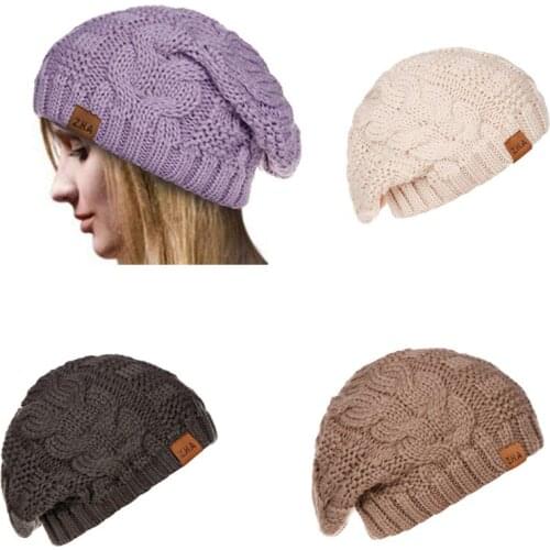 New Style Yarn Linen Flower Hand Knitted Hat Solid Color Warm Pullover Yarn Cap Beanie Female Soft Caps Solid Ladies Skullies