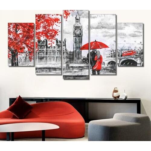 Modern Abstrac Red Maple Leaf Big Ben Walking CouplePoster And Print On Canvas Wall Art Painting Pictures 5pcs Set Home Decor