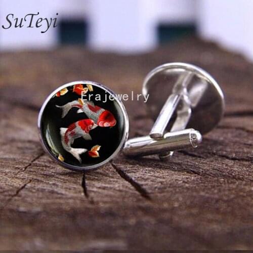 SUTEYI Unique Glass Mens Cufflinks Chinese Carp Asian Art fish Gift Art Pattern Cufflink High Quality Shirt Cuff Links Jewelry