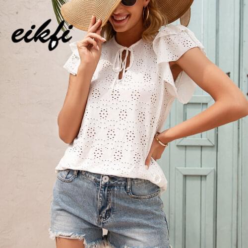 EIKFI Solid Tie Bowknot Hollow Out Women Blouse Summer Office Ladies Round Neck Layered Butterfly Sleeve Casual Tops and Blouses