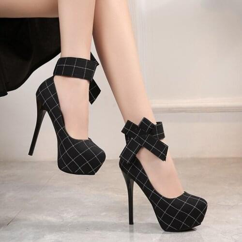 New High-heels Women Pumps Round Head Waterproof Platform Summer Shoes Female Square Lattice Fabric Foot Bow Womens Shoes