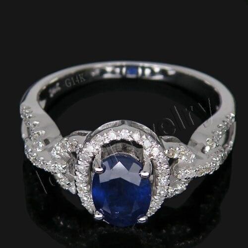Big Sale!Vintage Sapphire Jewel Ring Au585/14Kt White Gold Diamond Sapphire Ring Oval 5x7mm For Women G090458