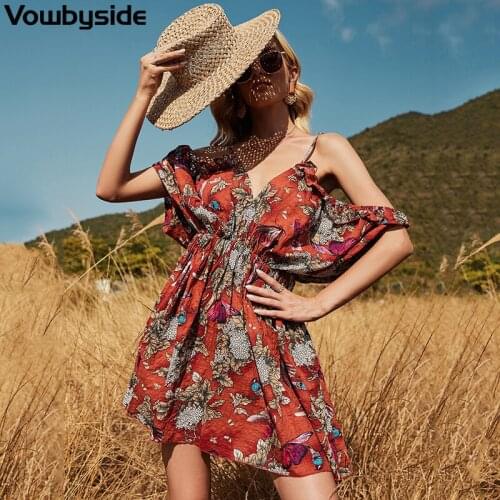 Summer New Womens Dress Solid Color and Floral Printing Batwing Sleeve Cold Shoulder Spaghetti Strap Dress