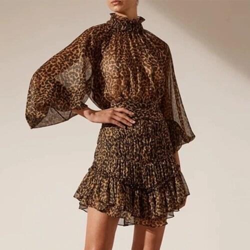 Women Leopard Ruffles Dress Summer Stand Collar Lantern Sleeve High Waist Chiffon Dress