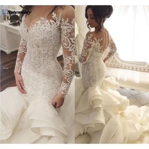 Saudi Arabic Lace Mermaid Wedding Dresses With Full Sleeves 2021 Bridal Gowns Dubai Royal Train Button Ruffles Robe De Mariee