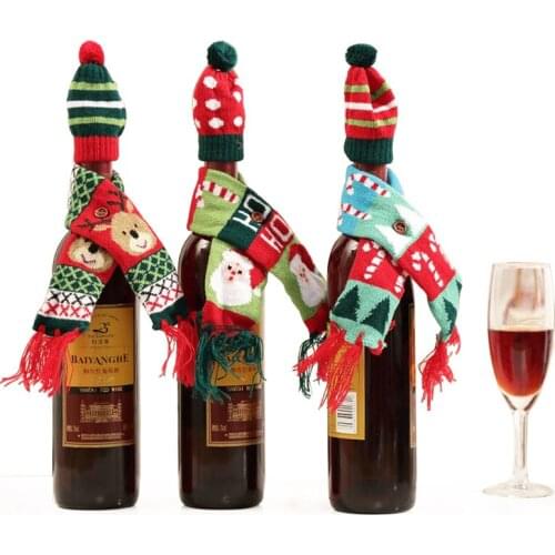30 Sets Scarf&Hat Knitted Red Wine Bottle Covers Decoration Bear Santa Claus Hat For Home Christmas Decorations Wholesale X2