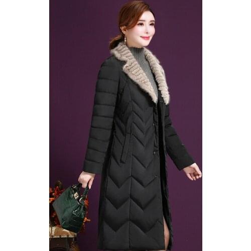 Long female jacket, light duck coat, winter coat with a collar of natural mink fur, autumn down jacket 2020