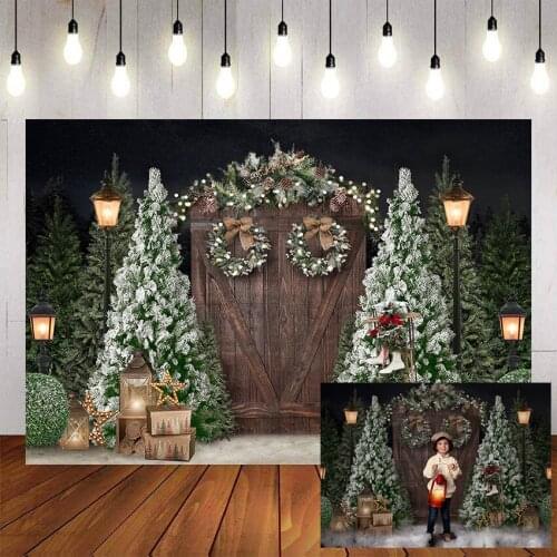 Mehofond Christmas Photography Background Christmas Tree Wreath Vintage Door Gift Street Lamp Backdrop Photophone Photo Studio
